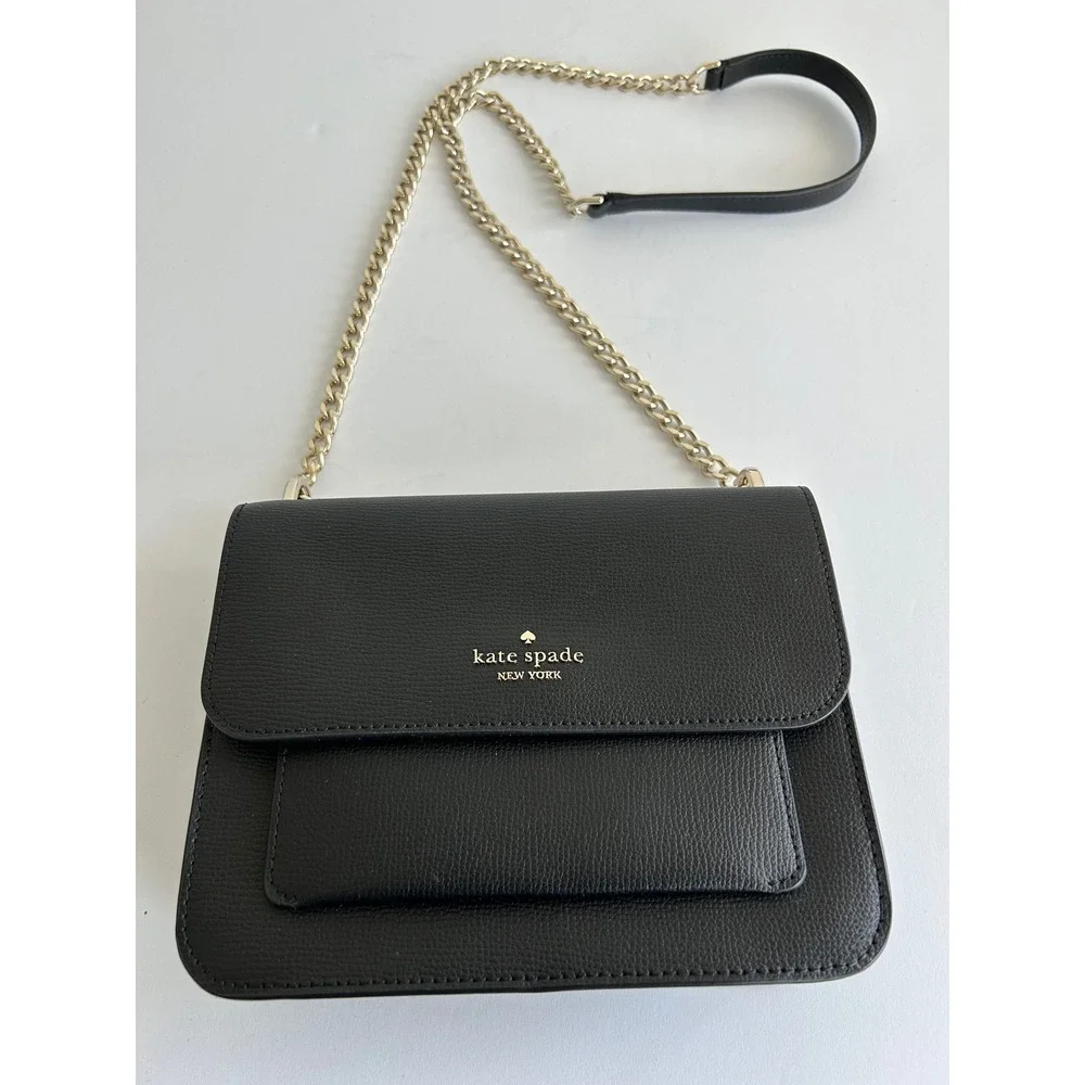 Kate Spade New York Black Pebbled Leather Crossbody Bag Gold Chain Strap